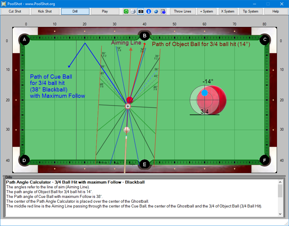 Path Angle Calculator - 3-4 Ball Hit with maximum Follow - Blackball